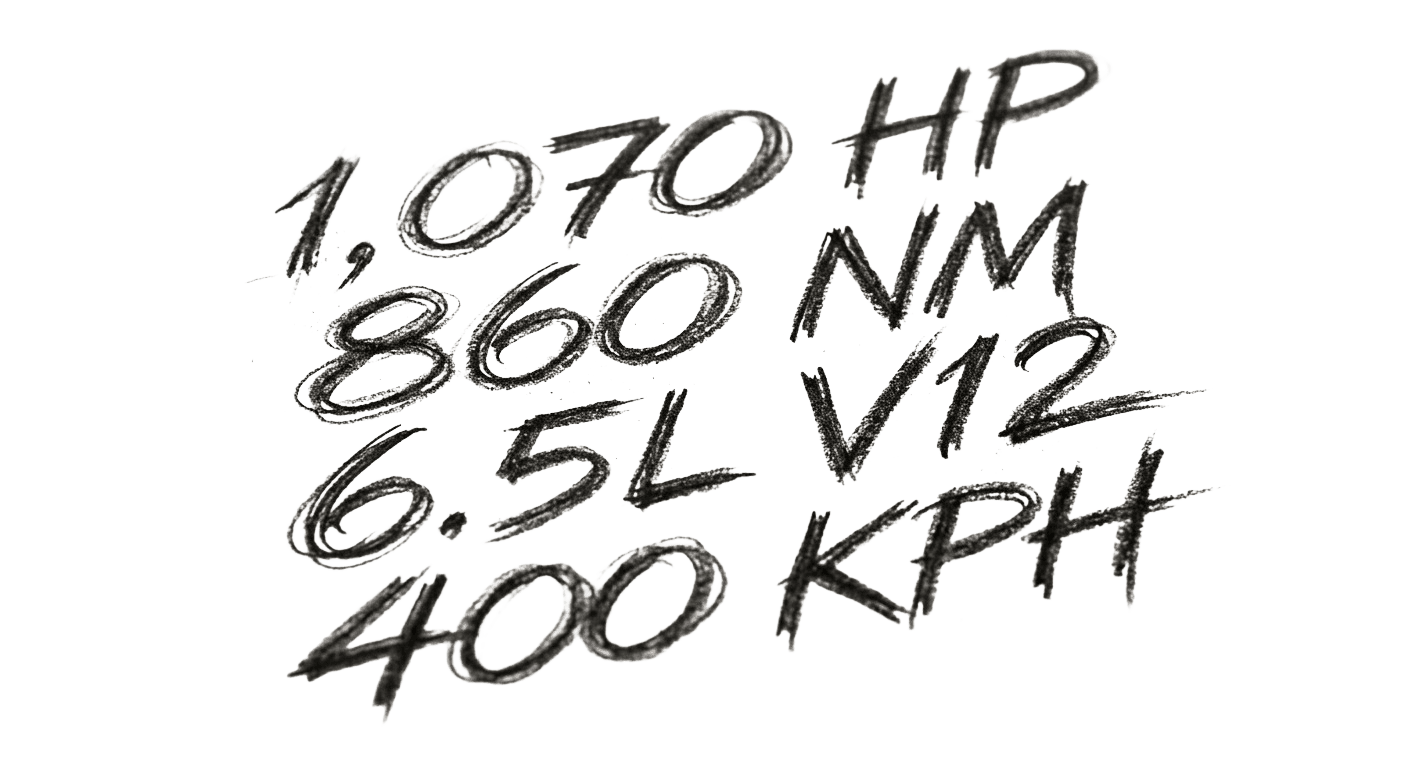 1,070 HP — 860 NM — 6.5L V12 — 400 KPH